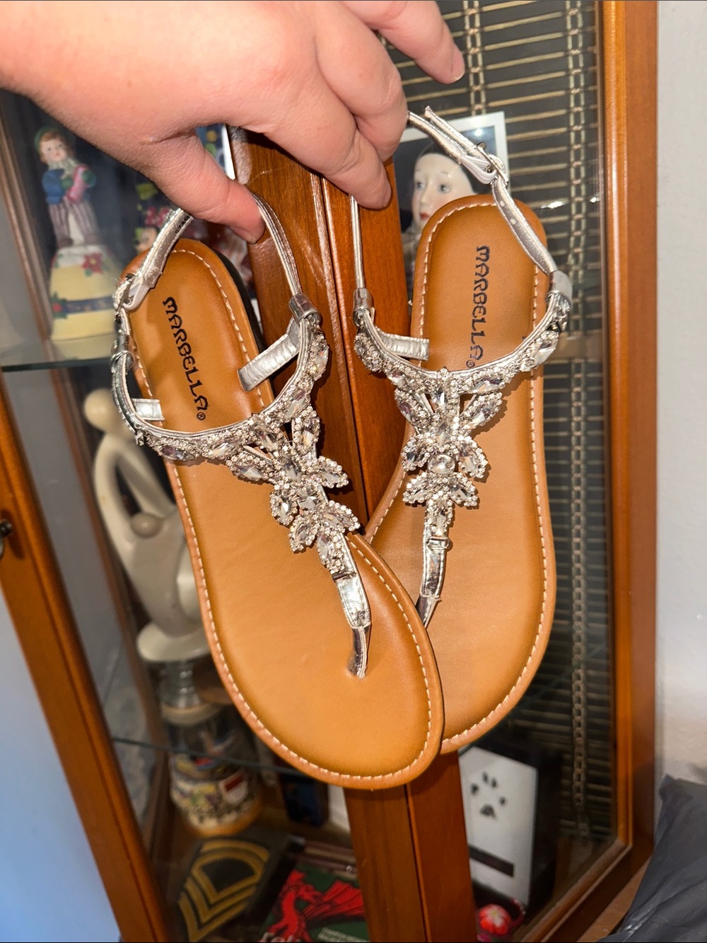Marella Silver Jeweled T-Strap Sandals with Tan Footbed